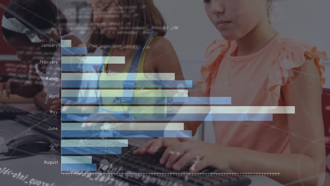 animación de gráficos y procesamiento de datos sobre chica caucásica usando computadora en la escuela