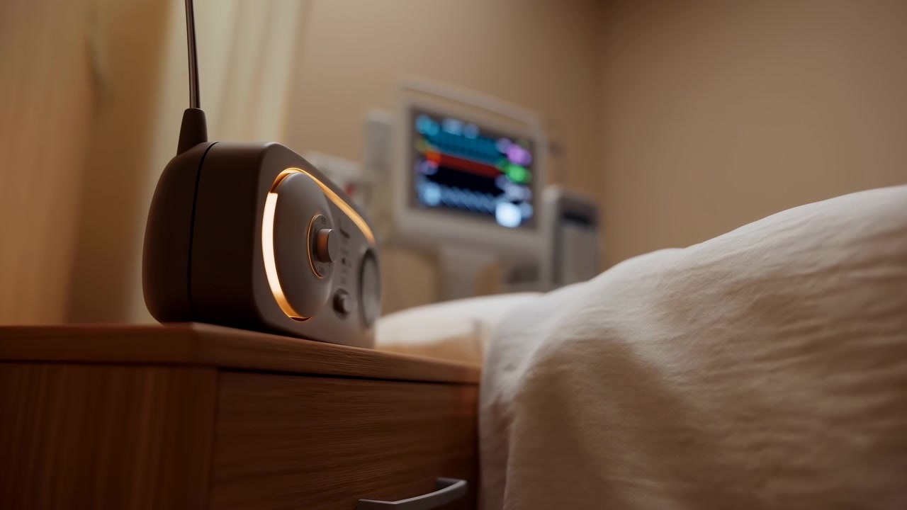 Illuminated bedside control device rests on wooden nightstand beside blurred monitor, folded bedding, and warm hospital room lighting, creating quiet clinical interior with soft glow and shallow focus