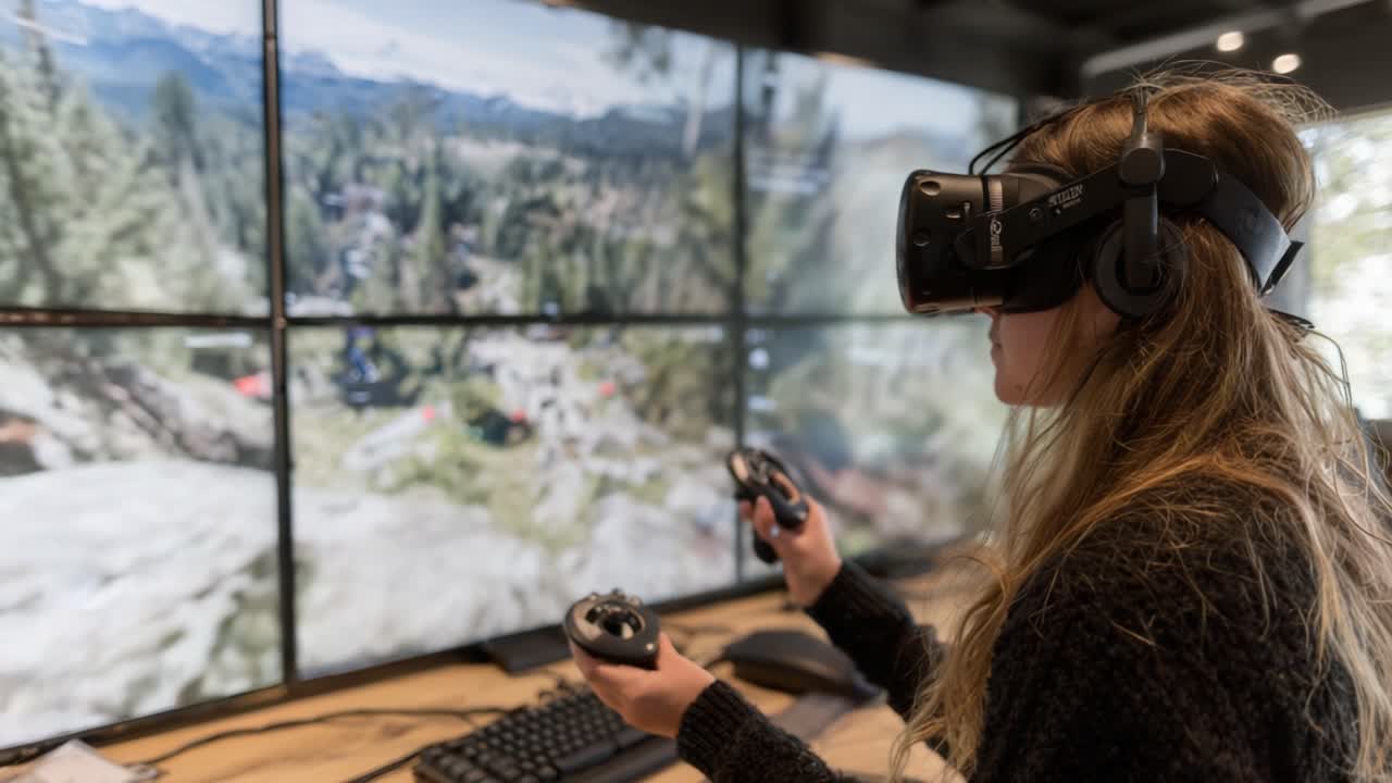 Immersive Virtual Reality Experience: A User Engaging with Advanced VR Technology in a High-Tech Setup Surrounded by Multiple Screens Displaying Stunning Scenery