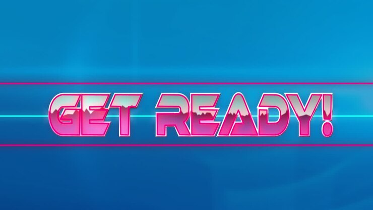 Animation of mountains in get ready text with exclamation between lines against blue background