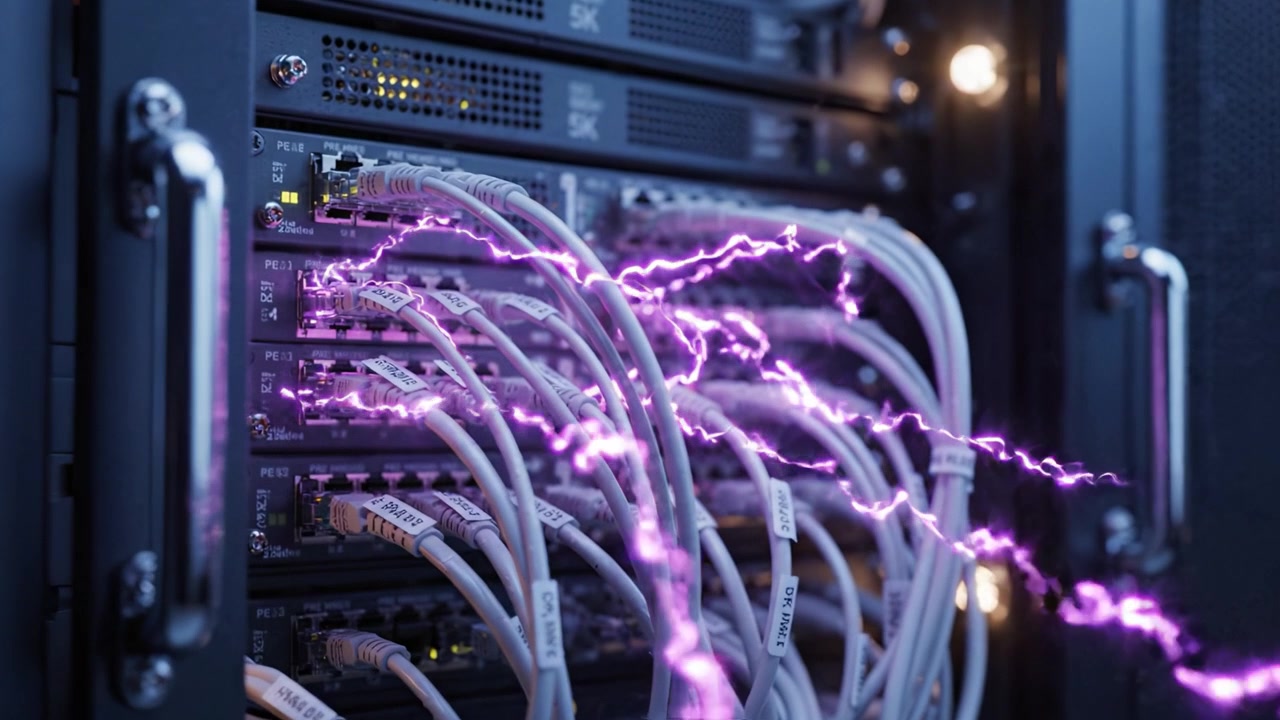 High-Voltage Network: A Close-Up of Power Sources and Data Cables in a Data Center, Showcasing the Intricacies of Modern Digital Communication Systems