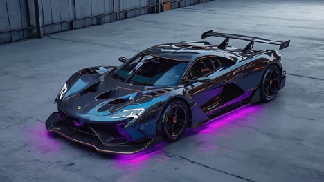 sleek futuristic hypercar with purple underglow lighting