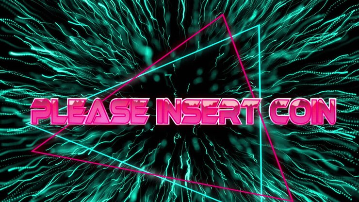 Animation of please insert coin text over black background