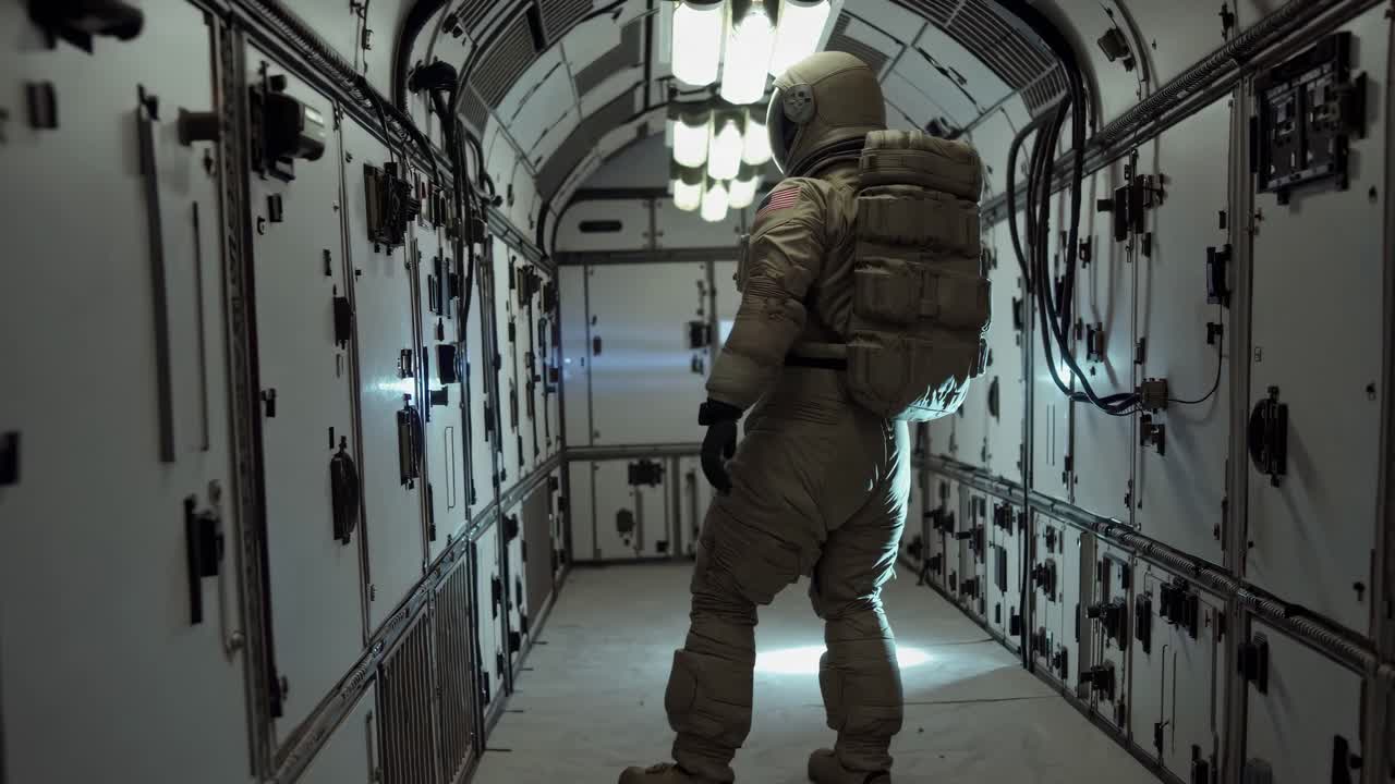astronauta en un corredor de una nave espacial