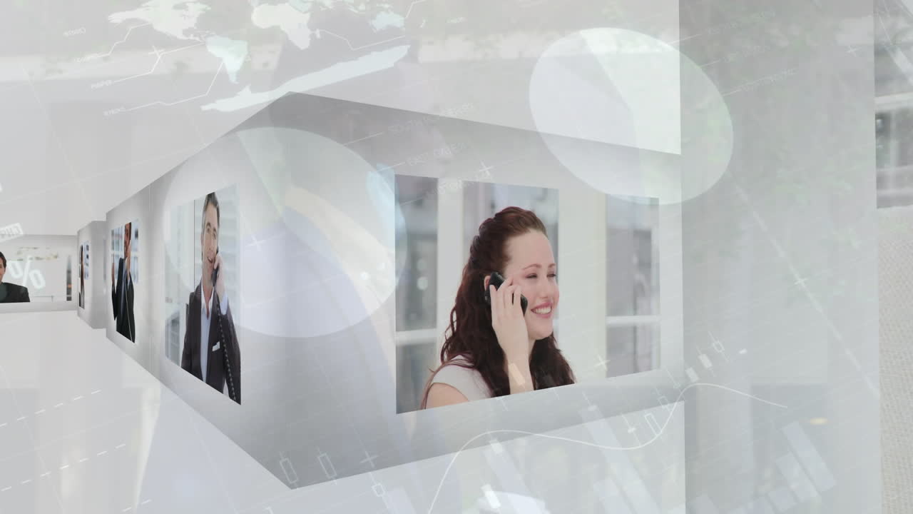 스마트 폰으로 대화하는 다양한 비즈니스 사람들에 대한 데이터 처리 애니메이션