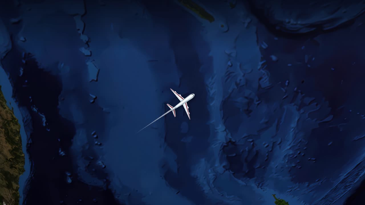 Satellite map animation tracks a commercial airplane flying from Melbourne across the Pacific to Nevada