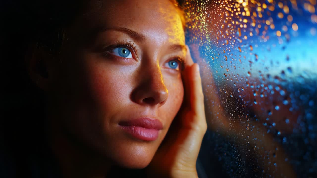 A contemplative moment captured through a window, revealing a woman deeply engaged in her thoughts while staring at raindrops trickling down the glass, reflections creating a melancholic yet beautiful atmosphere