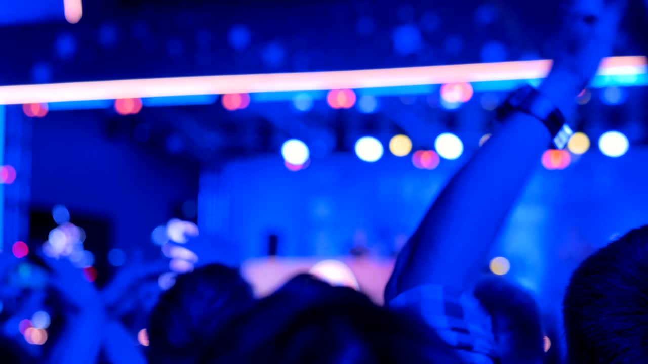 夜のエレクトロニックミュージックコンサートで、ステージの前でパーティーを楽しむ人々。