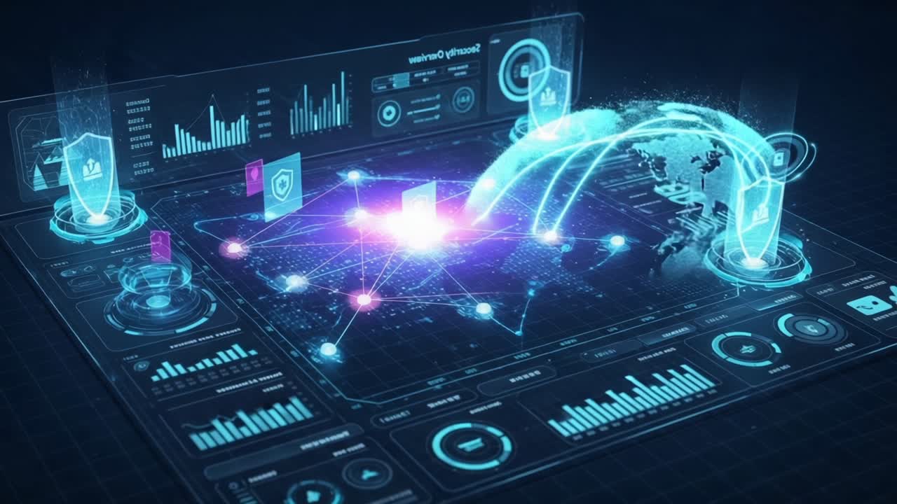 Dynamic Data Visualization Interface with Security Layers and Global Network Connectivity in a Futuristic Digital Environment
