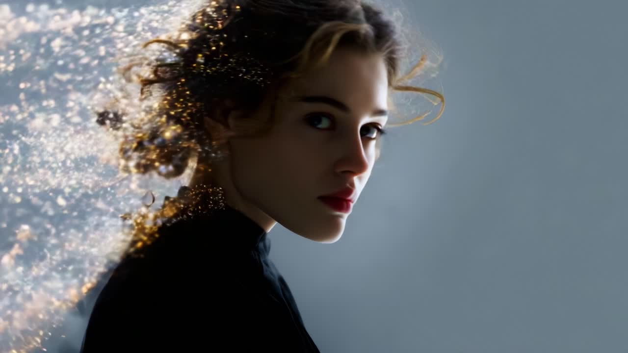 A mesmerizing transformation of a young woman, showcasing a blend of beauty and ethereal elements, where radiant sparks and glowing particles flow seamlessly from her profile