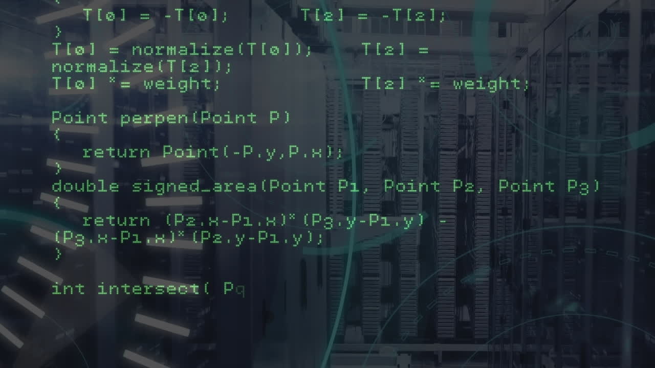회전 스캐너의 애니메이션과 컴퓨터 서버 방에 대한 데이터 처리