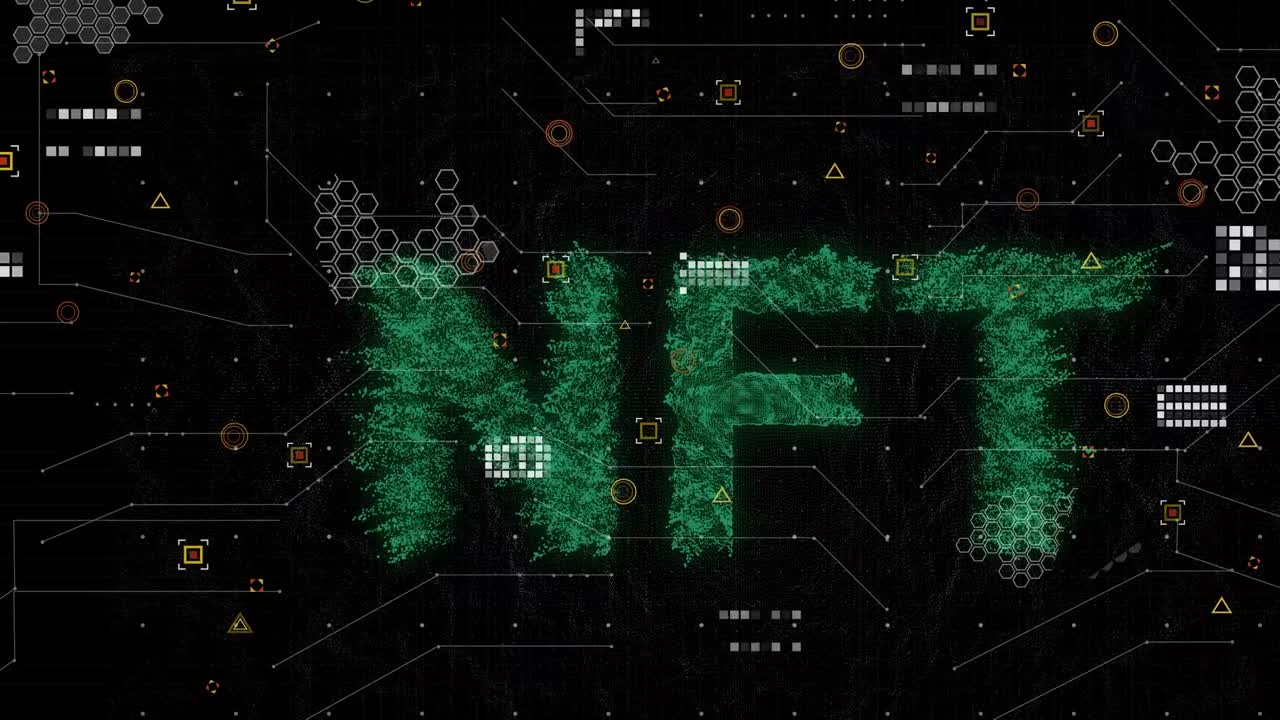 Animation of nft text over data processing on black background