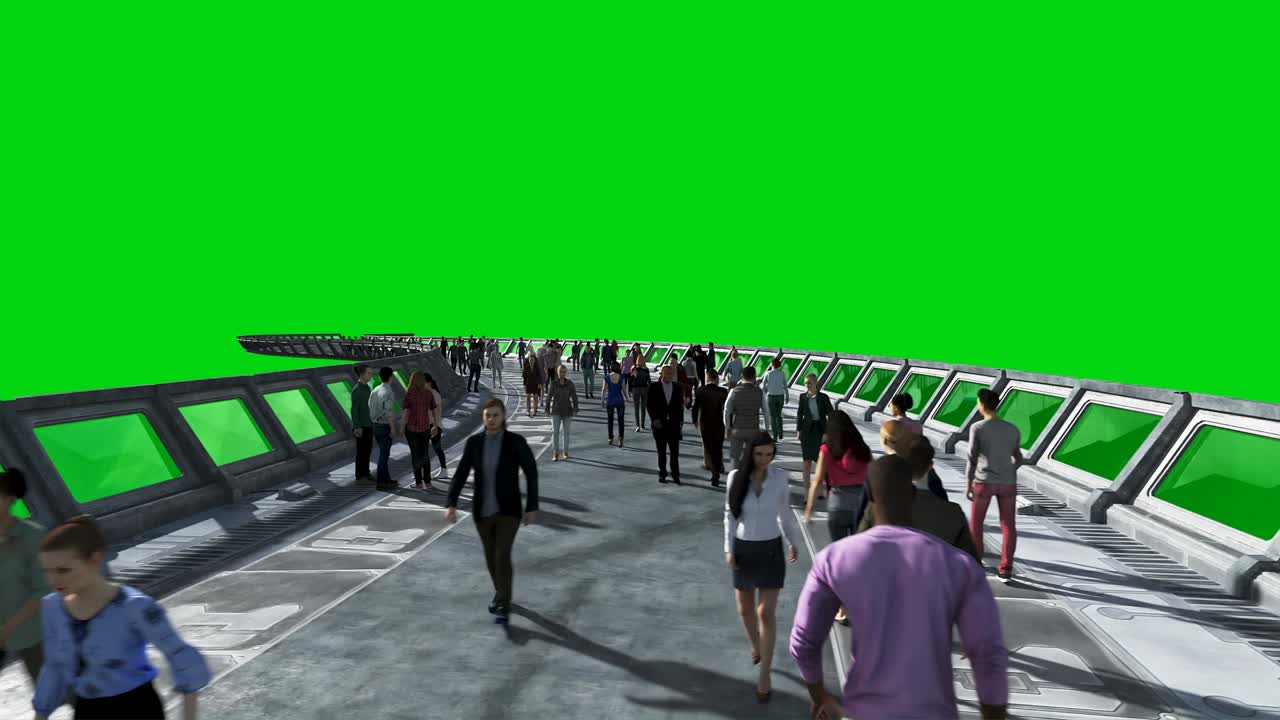 gente 3d en el túnel de ciencia ficción. tráfico. concepto del futuro. imágenes de pantalla verde. animación realista en 4k.