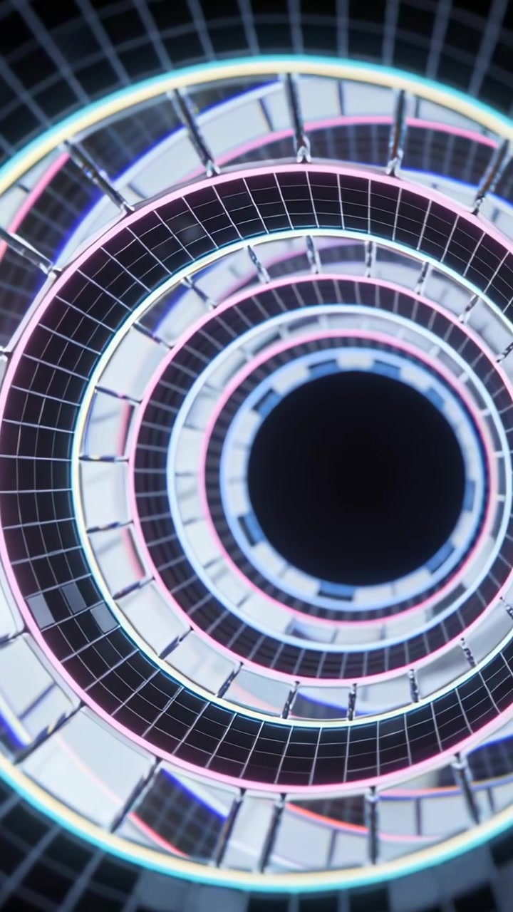 Video verticale: Anelli concentrici in movimento che ruotano e si allontanano mentre la ripresa con dolly ha inizio, avvicinandosi al vuoto centrale