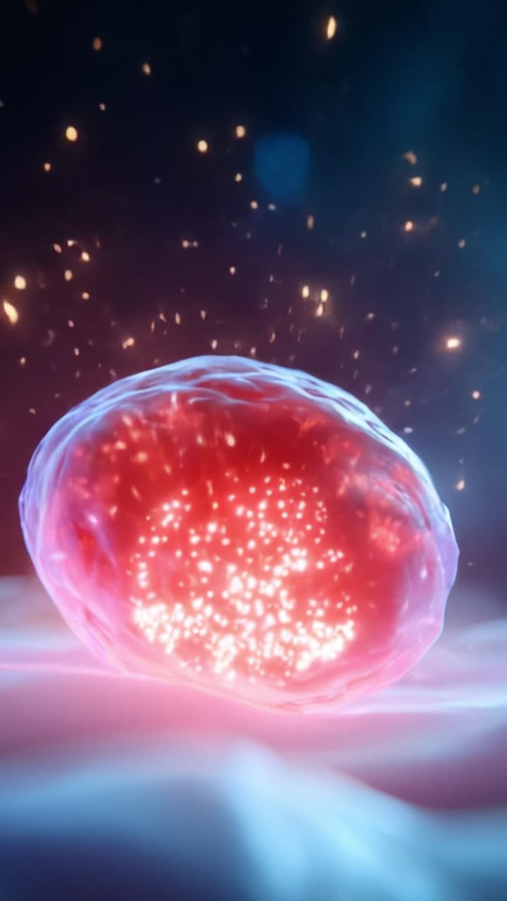 Una rappresentazione affascinante di una struttura luminosa simile a una cellula che emette scintille radiose e un bagliore vibrante, catturando l'essenza dell'energia e della vita in un mondo microscopico.