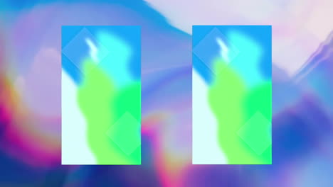 animation of green and blue forms on two vertical screens, over undulating blue and pink background