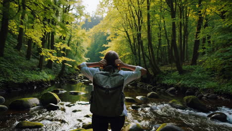 woman hiking in a forest river