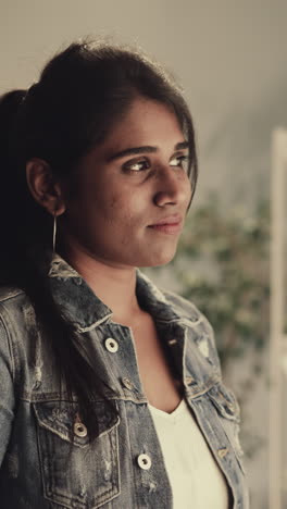 thoughtful indian woman with ponytail looks out bright window after waking up in morning. young housewife in denim jacket thinks about future closeup