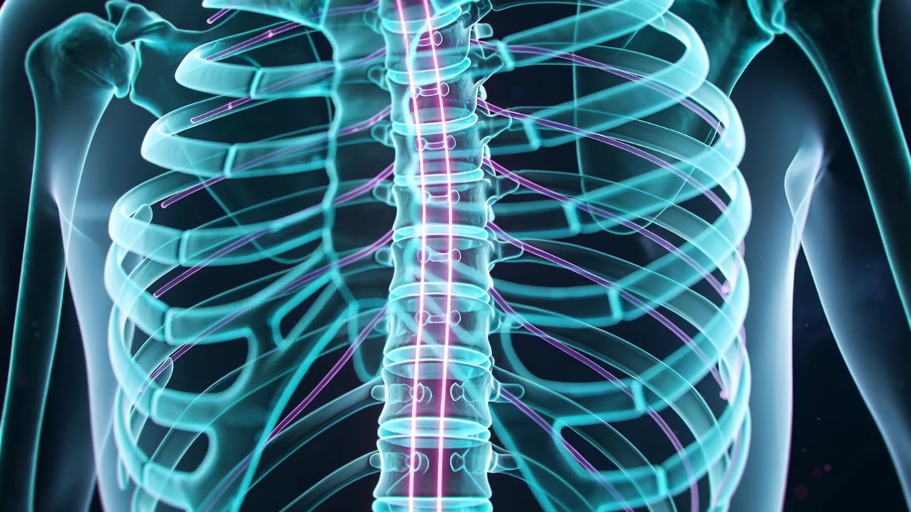 Pulling back camera showing cyan spine and lateral ribs in medical 3D view pulsing magenta cord