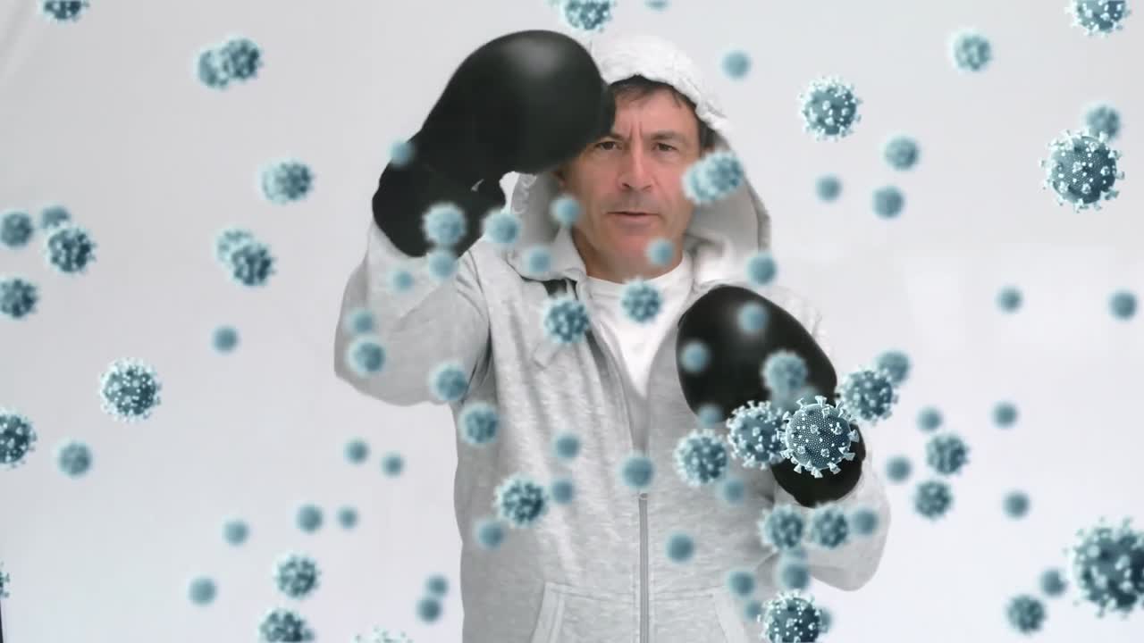 анимация вирусных клеток над кавказским боксером