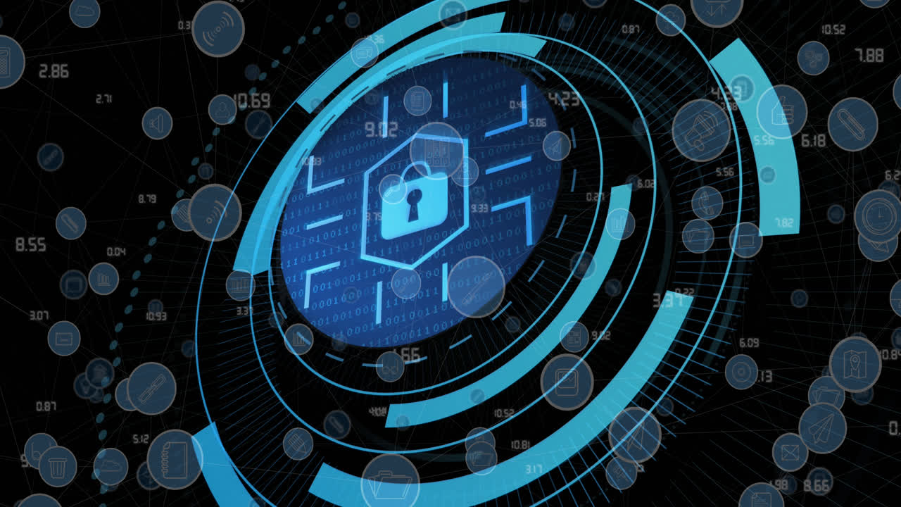 Animation of padlock icon and data processing over media icons