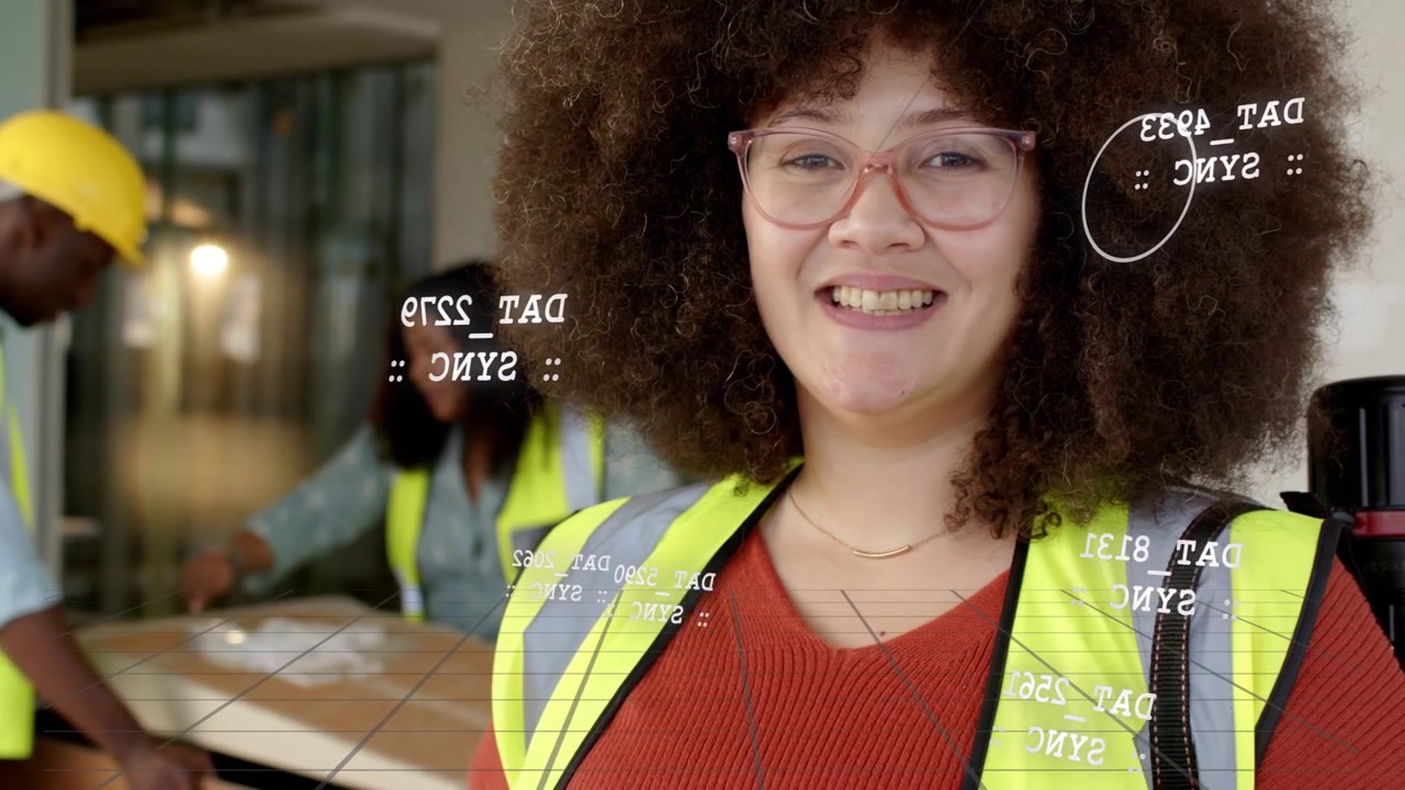 Woman tapping tablet, syncing orders at packing table, AR overlays appearing as camera pulling back