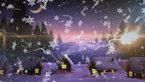 Animation-of-falling-snow-over-winter-village-and-forest