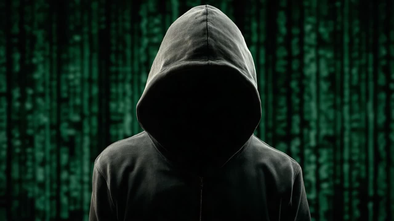 Mysterious Figure in a Dark Hooded Cloak Surrounded by Green Digital Code, Emanating an Ominous Aura of Secrecy and Intrigue in a Cybernetic Realm