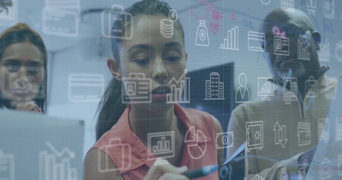 Animation of financial data processing over business people using phone headsets