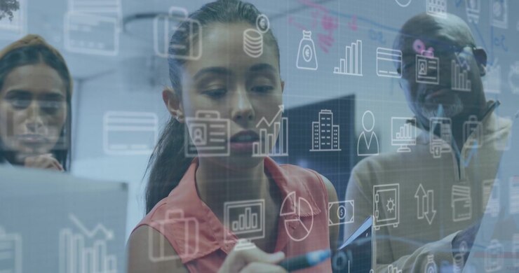 Animation of financial data processing over business people using phone headsets