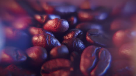 abstract coffee beans extreme closeup dolly shot orange and blue colorful light