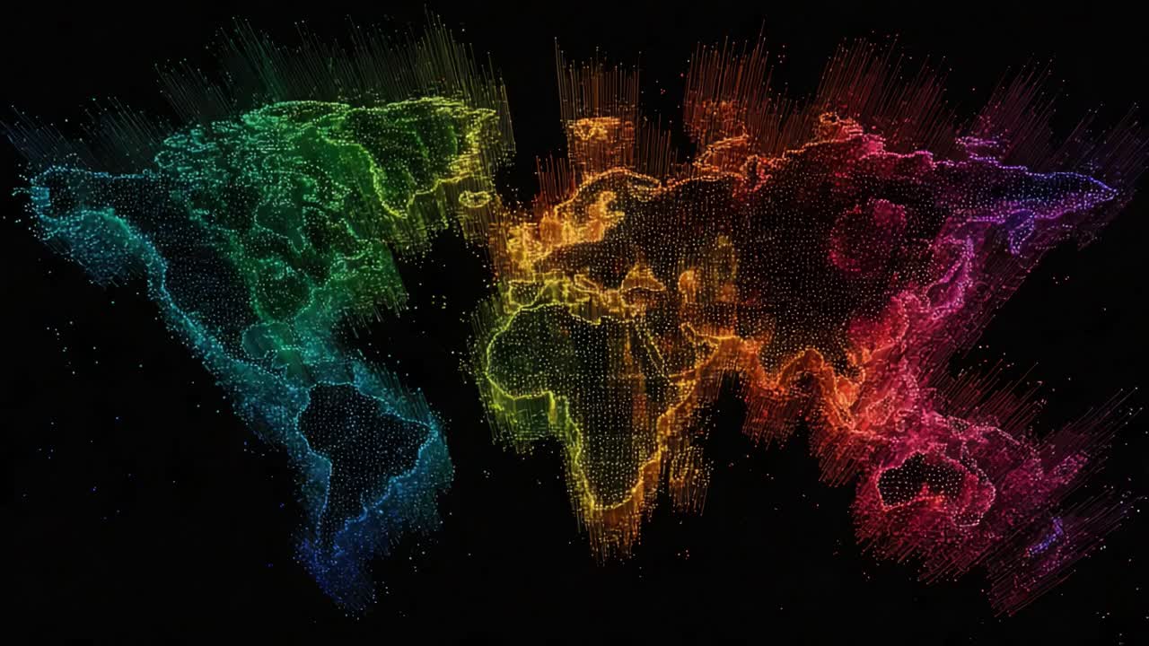 Colorful stylized world map animation with glowing lines and particles on a black background, representing global connection, technology, big data, and communication in a seamless loop
