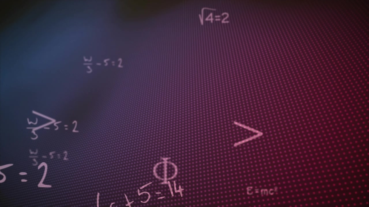 Animation of math formulas moving over navy and rd background