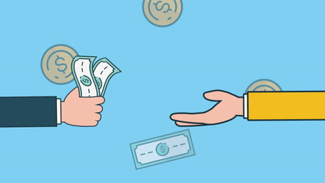 bills and coins dollars with hands economy animation