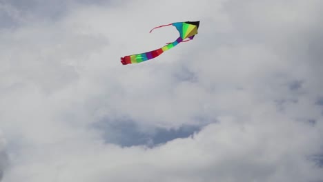 colorful kite flying against blue sky with clouds