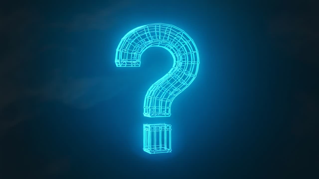 After appearing, neon blue 3D wireframe question mark rotating in misty void, cycling shape shift