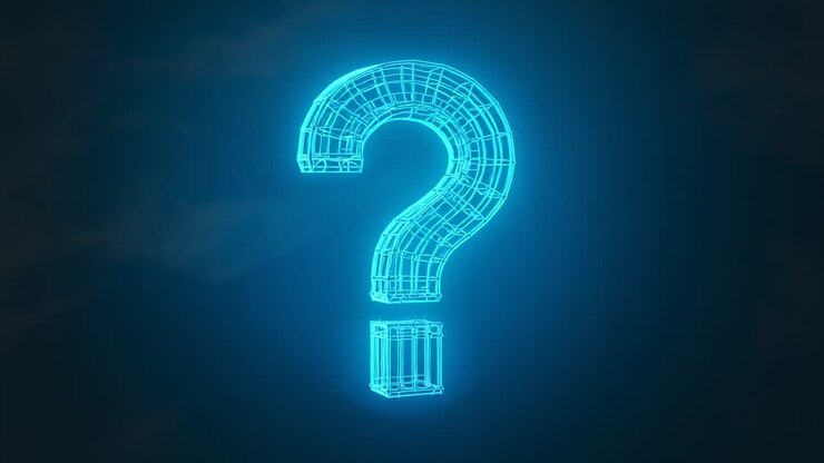 After appearing, neon blue 3D wireframe question mark rotating in misty void, cycling shape shift