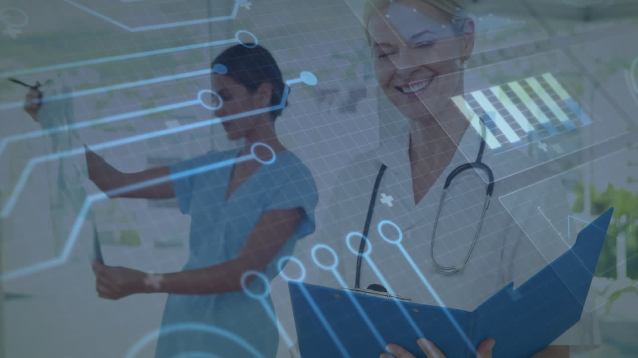 female doctor and nurse reviewing patient chart in clinic, with digital circuit overlaying screen