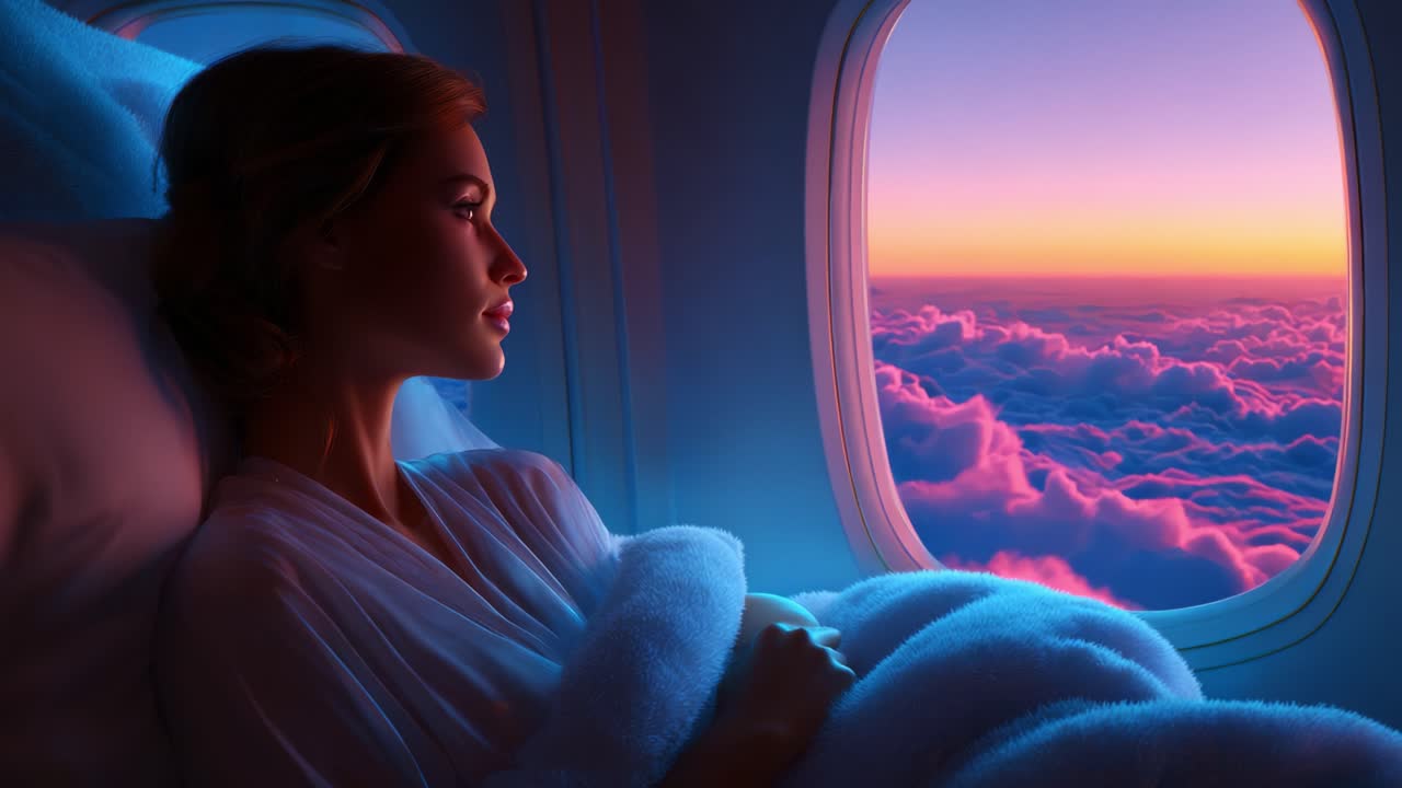 A Serene Moment at 30,000 Feet: A Young Woman Gazes Out the Airplane Window at the Majestic Sunset Over Soft, Fluffy Clouds While Reclining in Comfort With a Cozy Blanket
