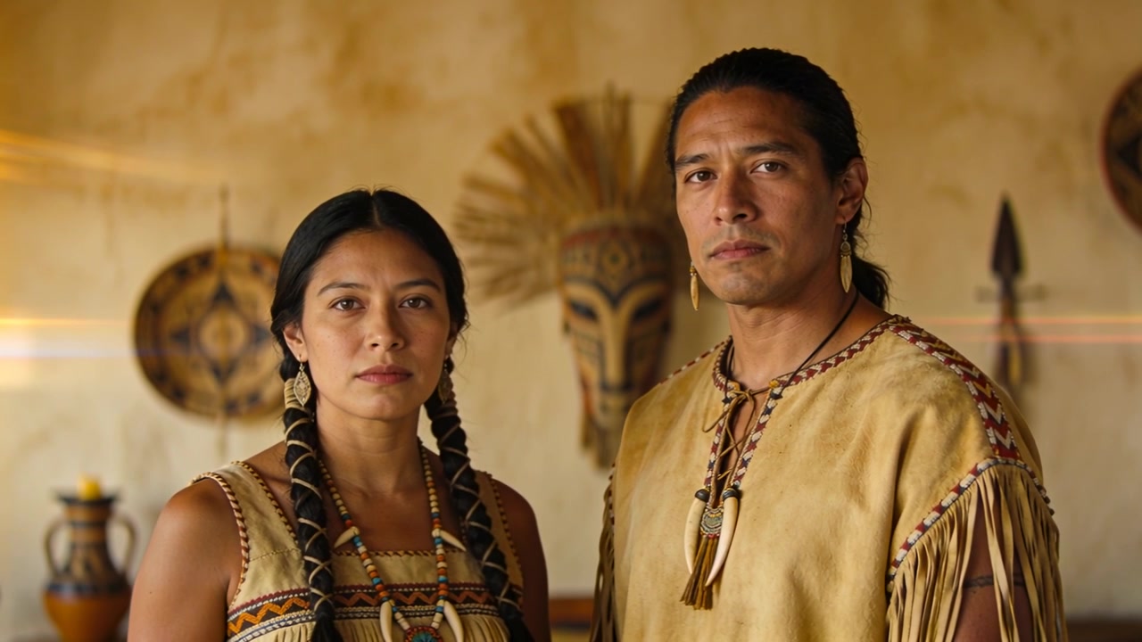 Camera rolling, woman left, man right standing for portrait in ceremonial room, wearing tunic, mask