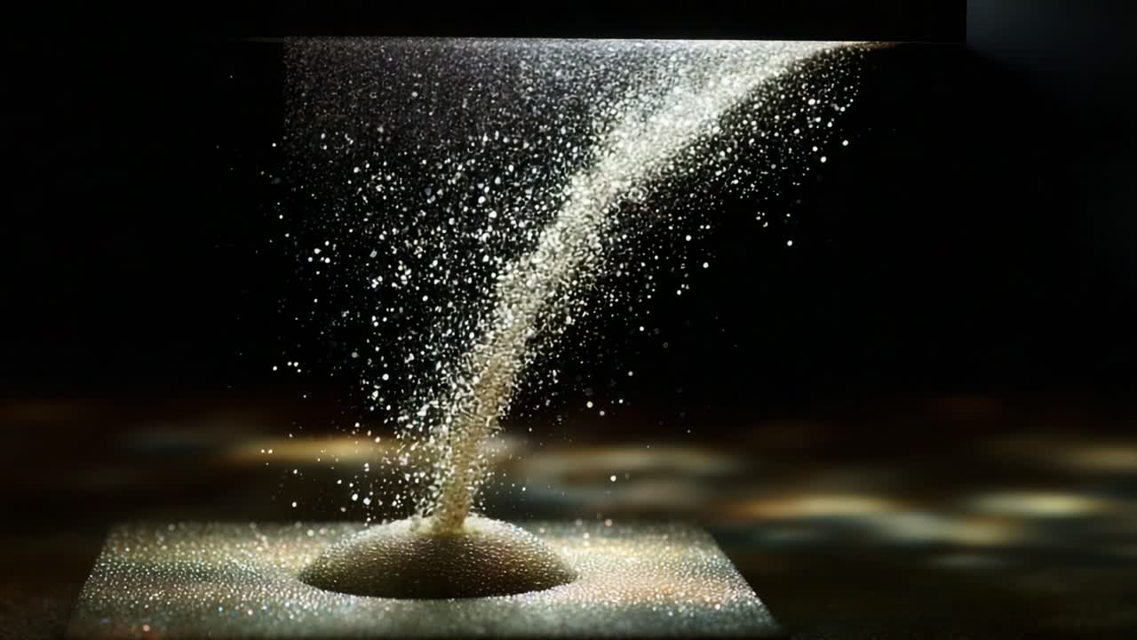 A Mesmerizing Display of Particles in Motion: Capturing the Ethereal Beauty of a Cascading Flow of Glittering Powder Forming a Dynamic Vortex of Light and Texture