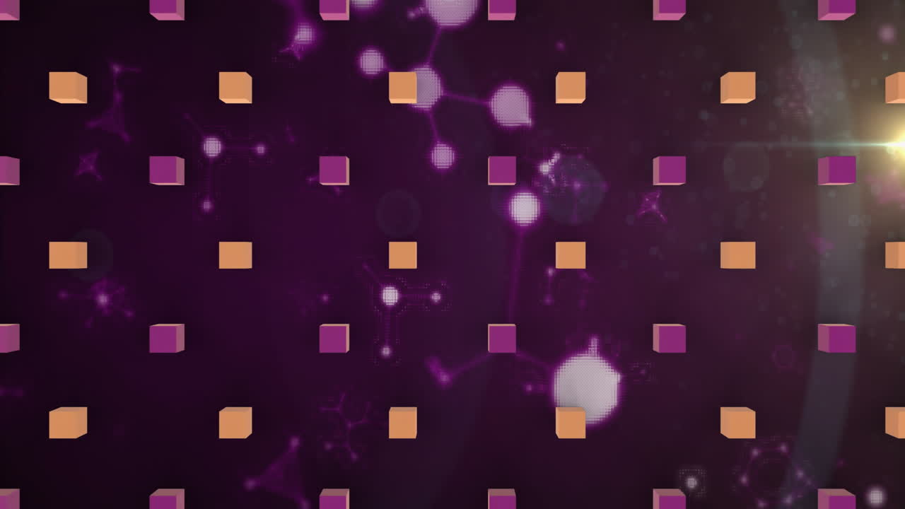 Animation of purple and orange squares over molecular structure on dark background