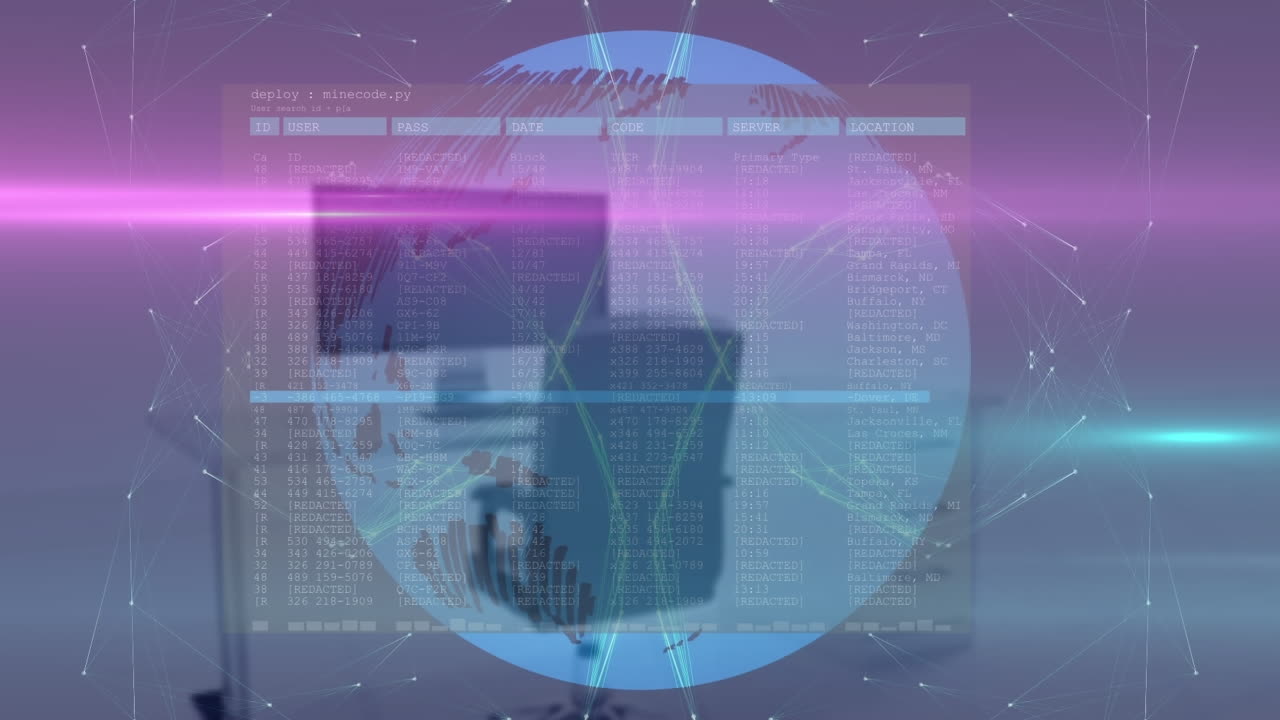 animación de globo, puntos conectados y interfaz abstracta sobre una oficina vacía con silla y escritorio.