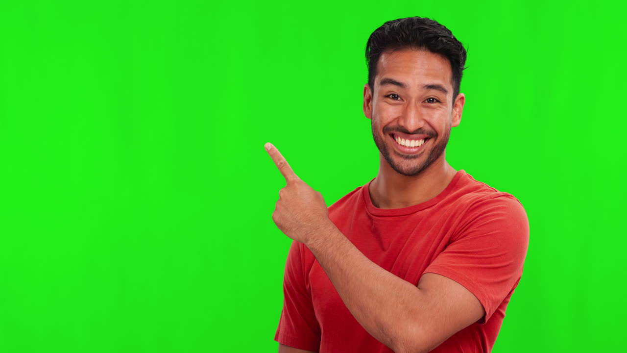 Peger, mockup og ansigt af asiatisk mand på green screen