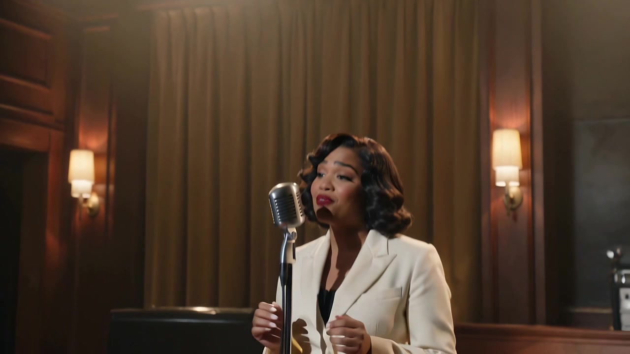 Telecamera che si abbassa, mostrando una cantante che si esibisce sul palco con un blazer chiaro e un microfono vintage.