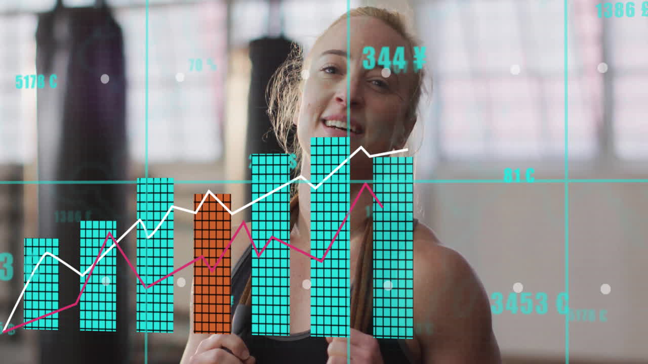 Exercising in gym, woman with animation of data charts and graphs