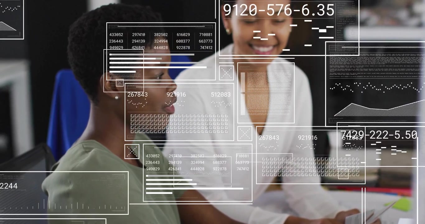 Collaborating with digital data, diverse colleagues in office working on project