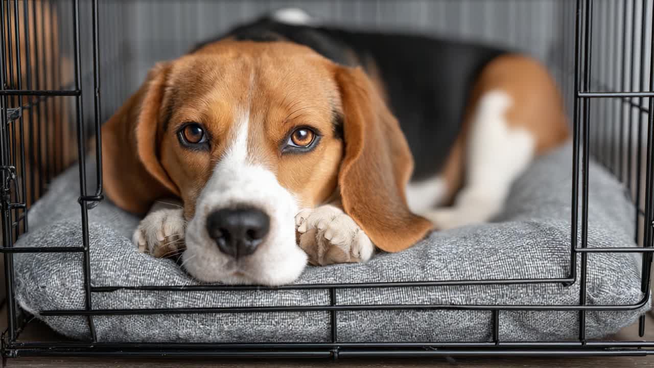 Beagle rentoutumassa mukavassa häkissä: ikuistaen uskollisen kumppanin suloisen seesteisyyden sen turvallisessa tilassa.