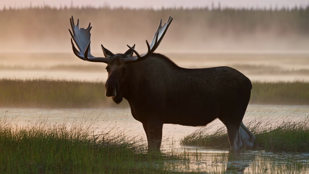 Misty Sunrise Moose Bull Wading In Marsh, Dramatic Silhouette Against Golden Backlight, Expansive Wetland