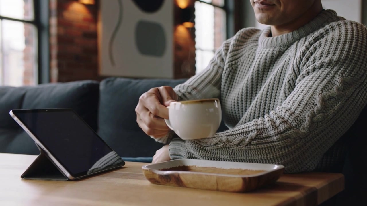 Uomo con maglione a maglia grossa che allunga la mano per prendere una tazza bianca verso un tablet, leggendo su un tavolo di legno.